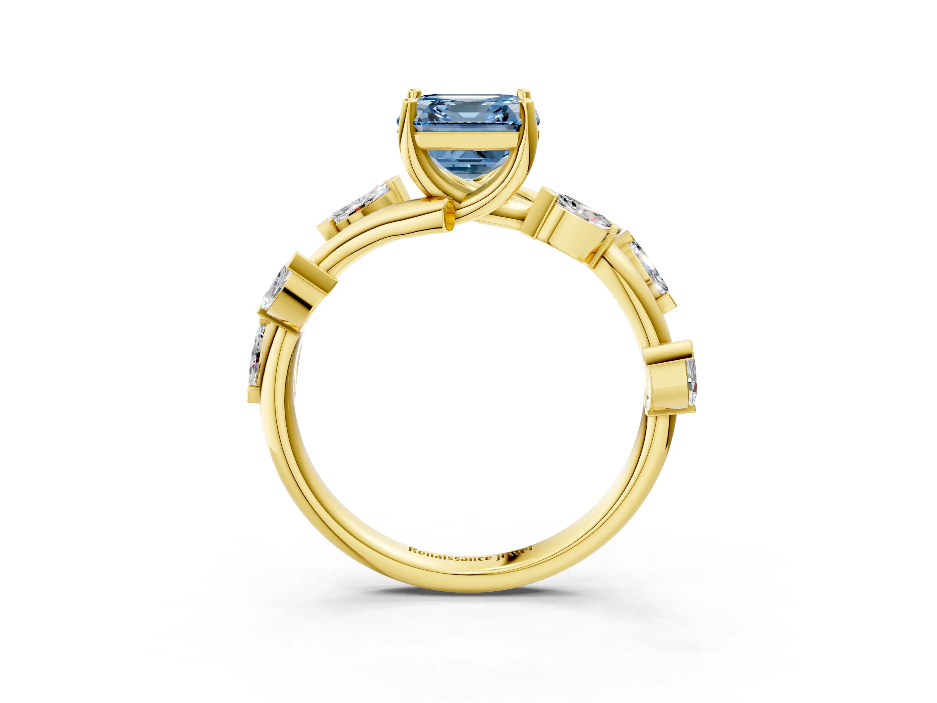 Yellow gold Fancy Blue Asscher Cut Solitaire Twisted Band Marquise Accent Prong Setting Ring_3