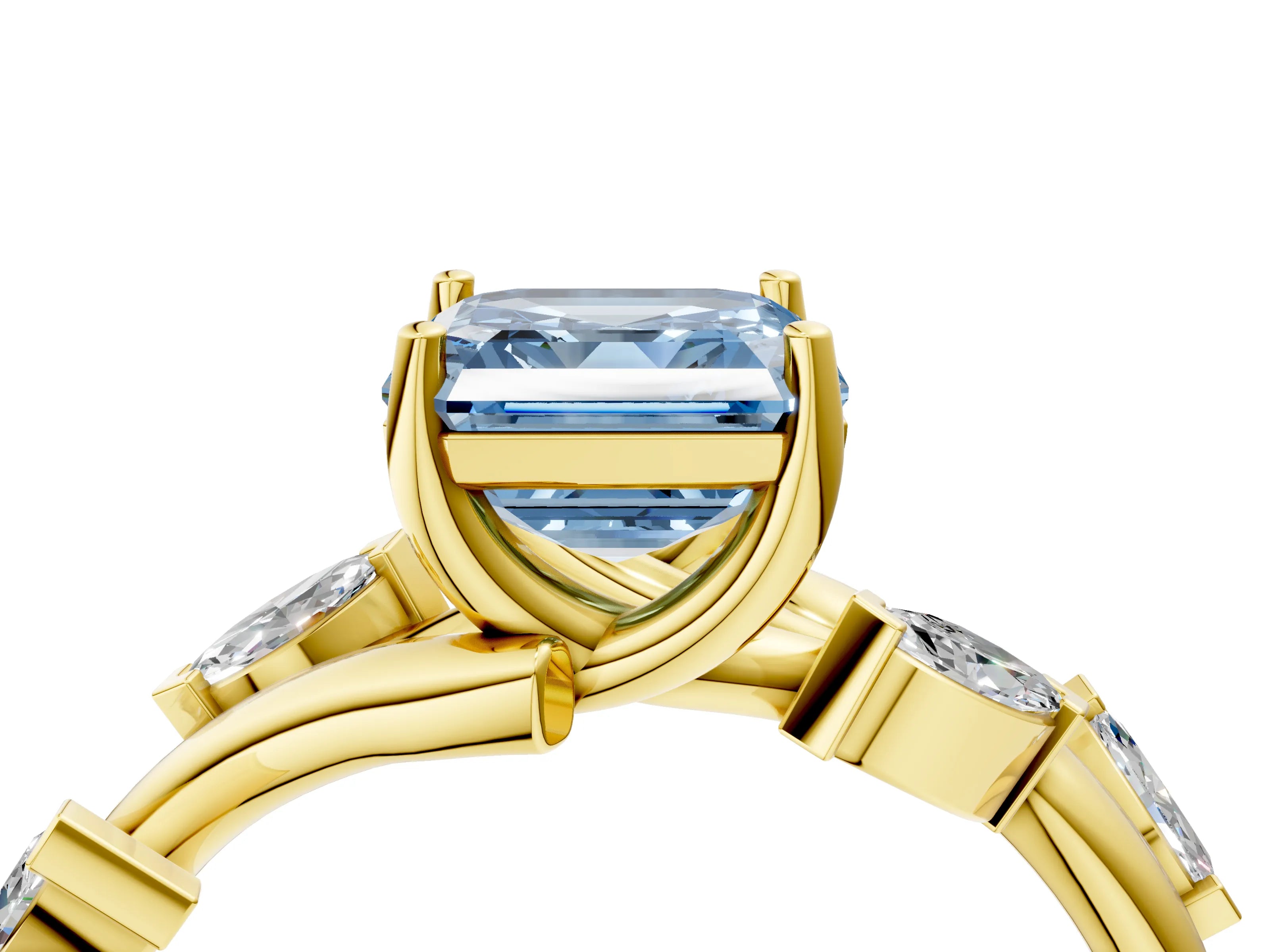 Yellow gold Fancy Blue Asscher Cut Solitaire Twisted Band Marquise Accent Prong Setting Ring_4