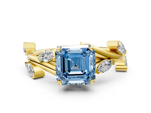 Yellow gold Fancy Blue Asscher Cut Solitaire Twisted Band Marquise Accent Prong Setting Ring