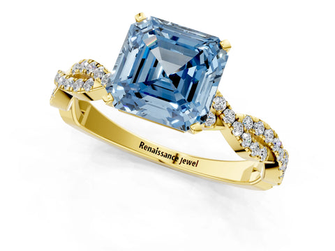 Yellow gold Fancy Blue Asscher Cut Solitaire Twisted Pave Band with Four-Prong Setting_4