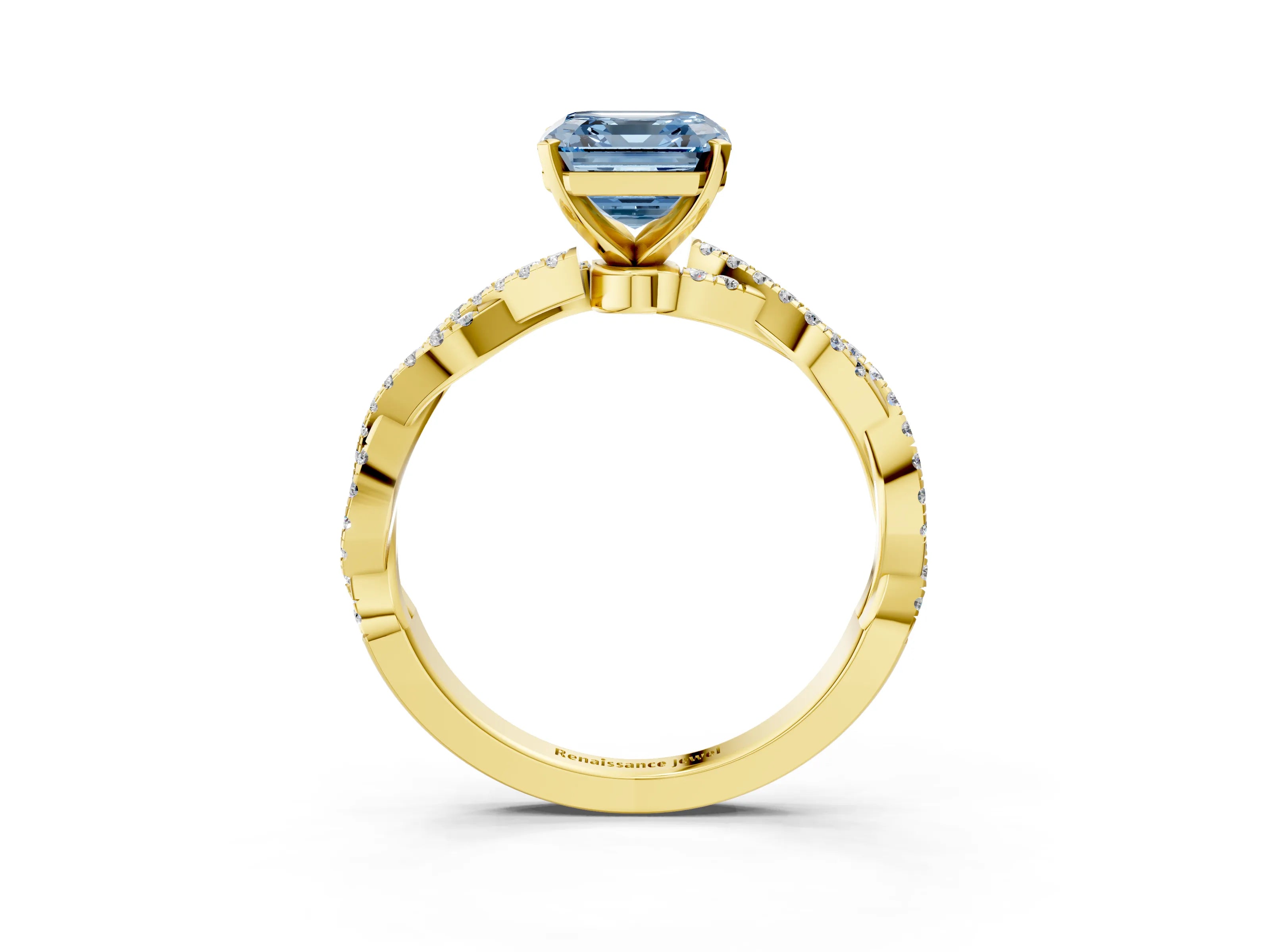 Yellow gold Fancy Blue Asscher Cut Solitaire Twisted Pave Band with Four-Prong Setting_6