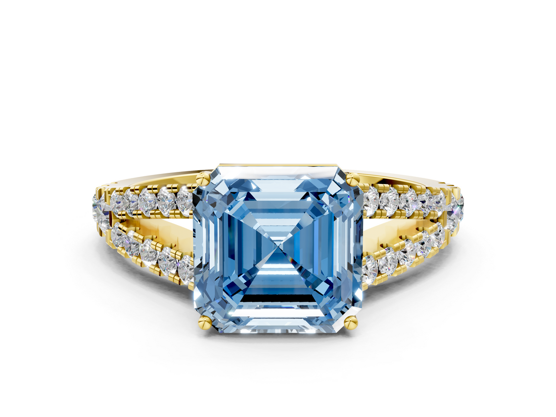 Yellow gold Fancy Blue Asscher  Cut Split Shank Pave Diamond Engagement Ring with Four-Prong Setting