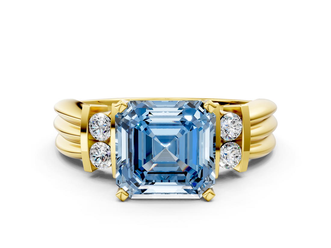 Yellow gold Fancy Blue Asscher  Cut Three-Stone Channel Set Ring with Bar Prongs