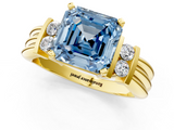 Yellow gold Fancy Blue Asscher  Cut Three-Stone Channel Set Ring with Bar Prongs_1