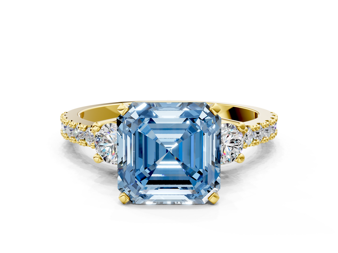 Yellow gold Fancy Blue Asscher  Cut Three-Stone Diamond Pavé Band with Prong Setting_17