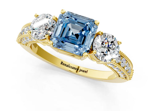 Yellow gold Fancy Blue Asscher Cut Three-Stone Diamond Ring with Pavé Band and Four-Prong Setting_1