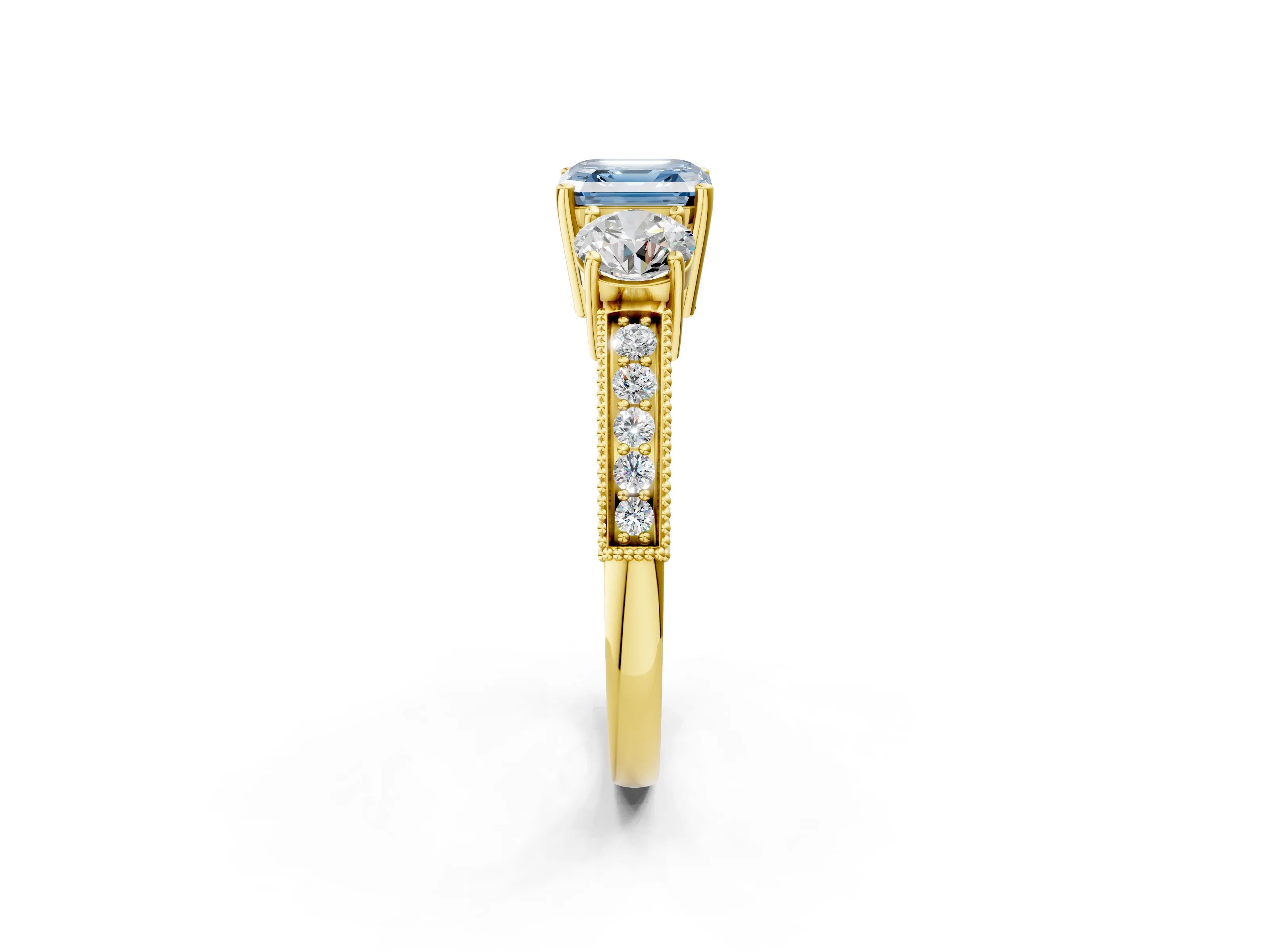 Yellow gold Fancy Blue Asscher Cut Three-Stone Diamond Ring with Pavé Band and Four-Prong Setting_2