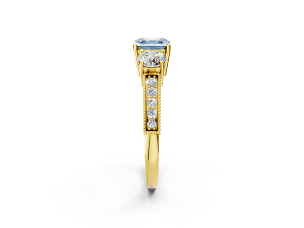 Yellow gold Fancy Blue Asscher Cut Three-Stone Diamond Ring with Pavé Band and Four-Prong Setting