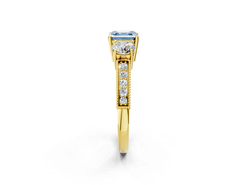 Yellow gold Fancy Blue Asscher Cut Three-Stone Diamond Ring with Pavé Band and Four-Prong Setting_2