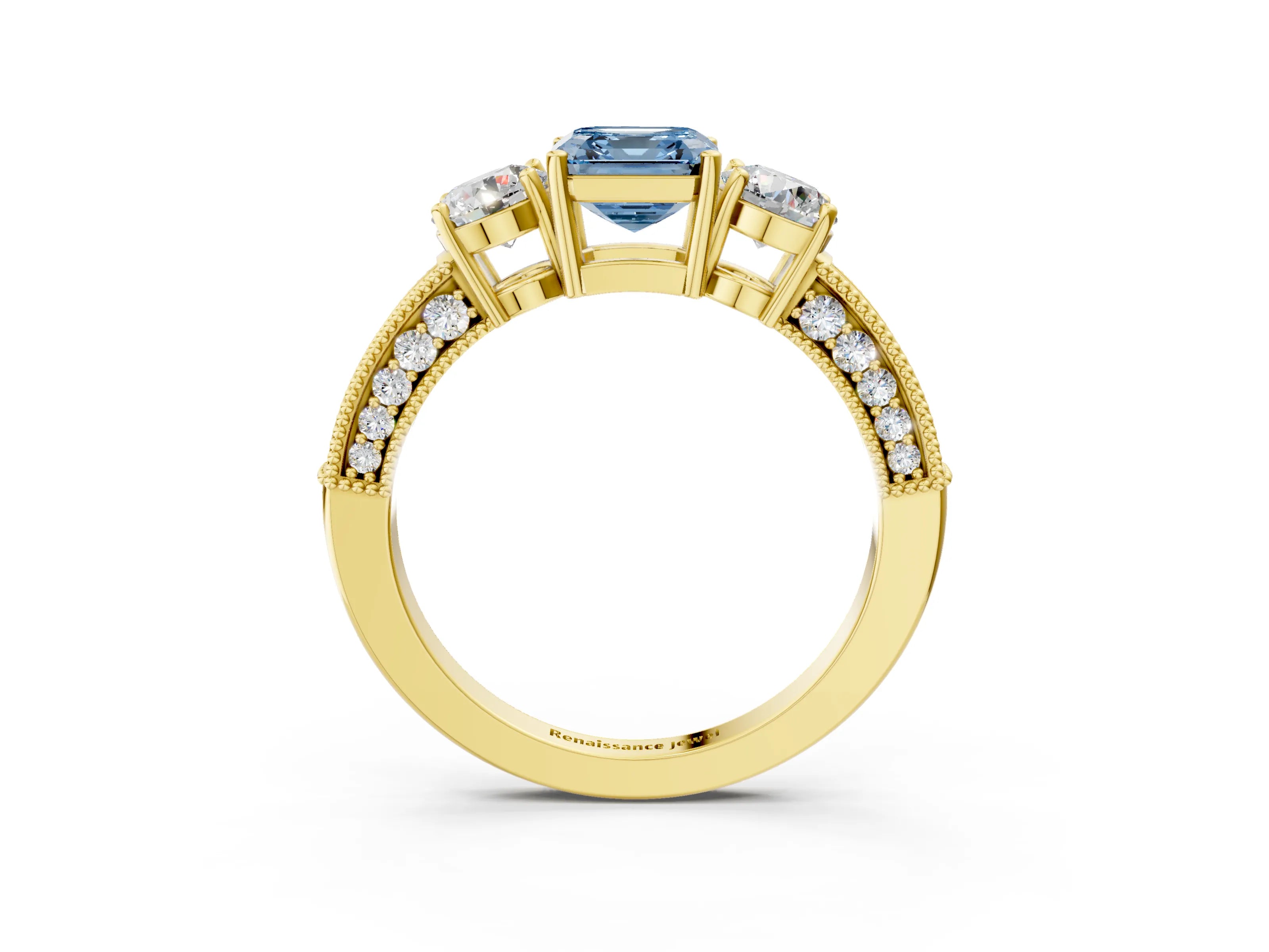 Yellow gold Fancy Blue Asscher Cut Three-Stone Diamond Ring with Pavé Band and Four-Prong Setting_3
