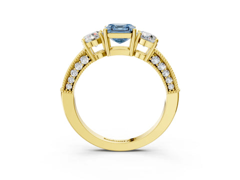 Yellow gold Fancy Blue Asscher Cut Three-Stone Diamond Ring with Pavé Band and Four-Prong Setting_3