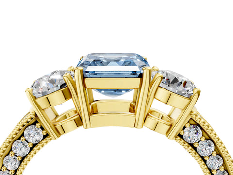 Yellow gold Fancy Blue Asscher Cut Three-Stone Diamond Ring with Pavé Band and Four-Prong Setting_4