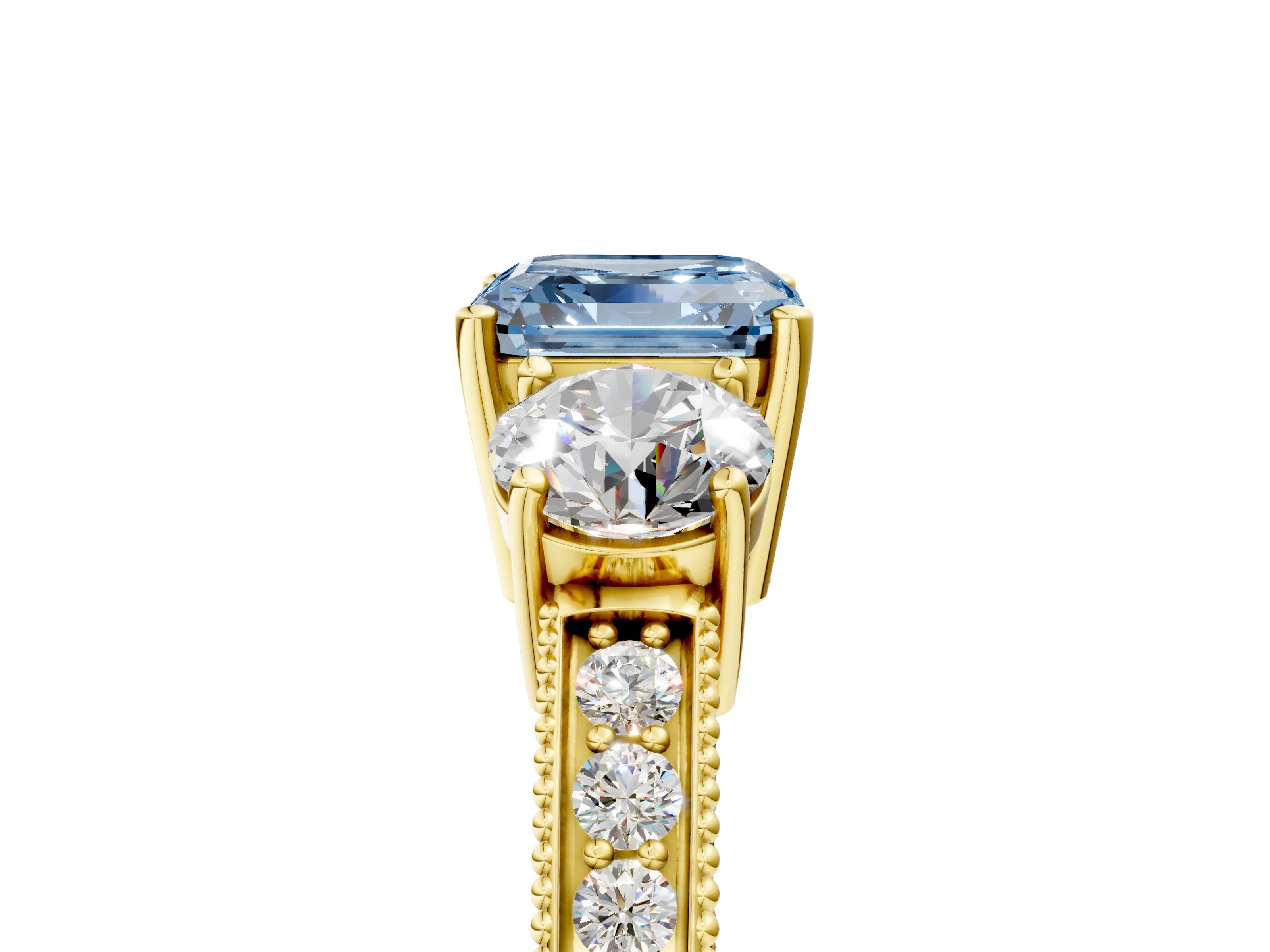 Yellow gold Fancy Blue Asscher Cut Three-Stone Diamond Ring with Pavé Band and Four-Prong Setting_5