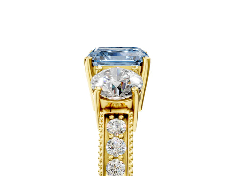 Yellow gold Fancy Blue Asscher Cut Three-Stone Diamond Ring with Pavé Band and Four-Prong Setting_5