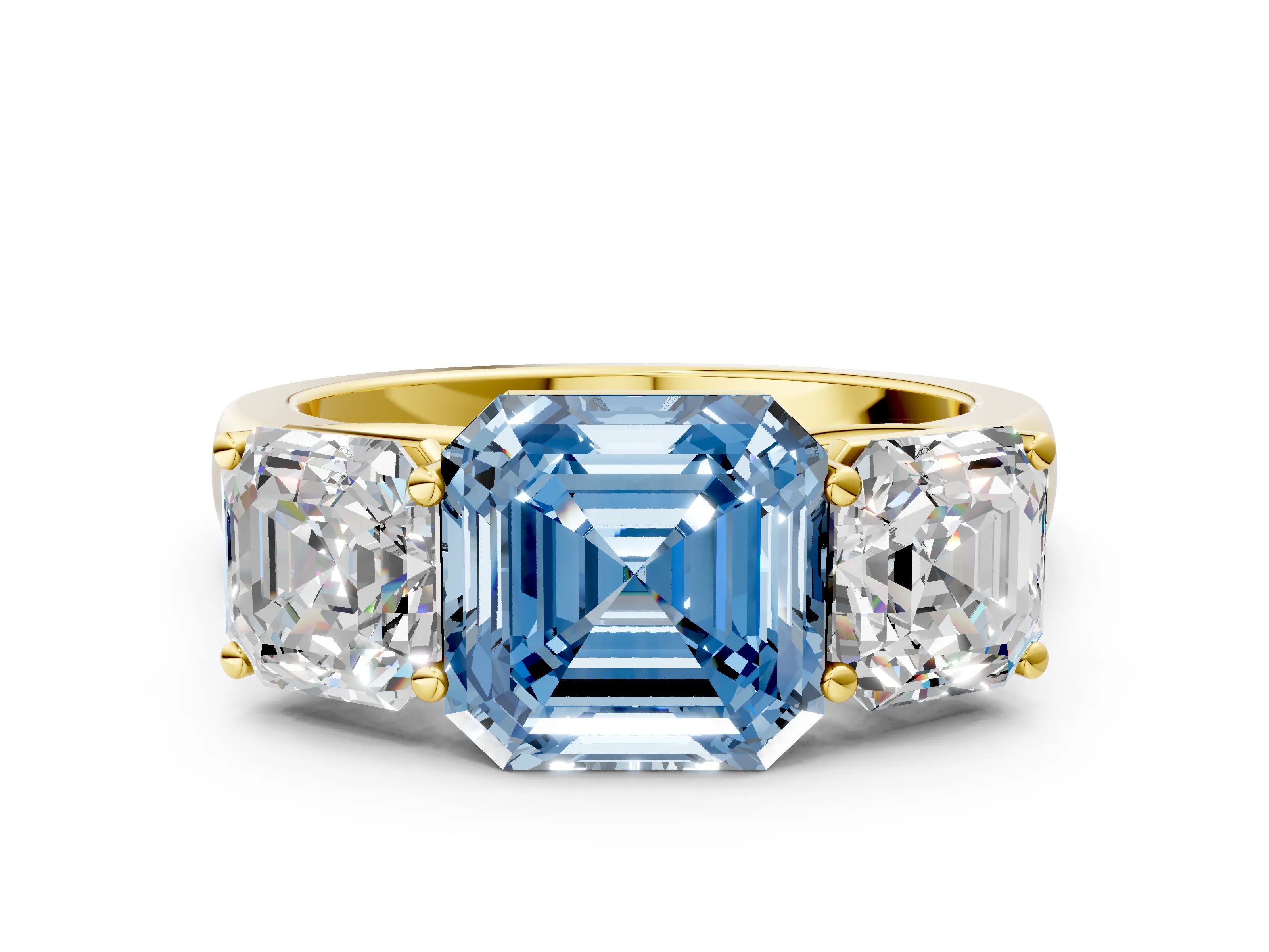 Yellow gold Fancy Blue Asscher Cut Three-Stone Diamond Ring with Prong Setting on a Classic Band