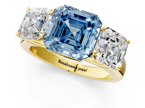 Yellow gold Fancy Blue Asscher Cut Three-Stone Diamond Ring with Prong Setting on a Classic Band_1