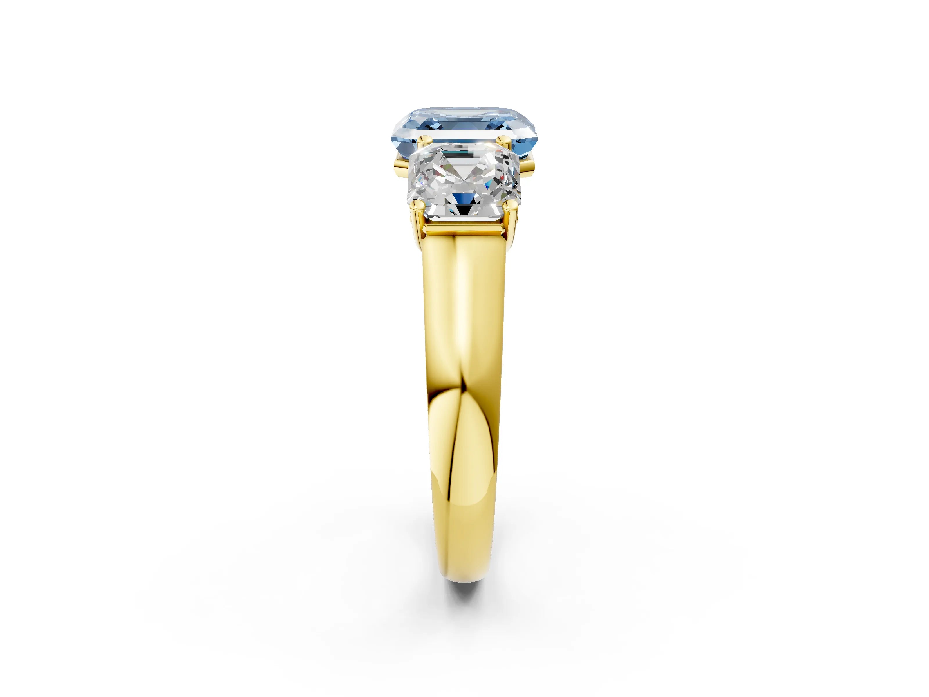 Yellow gold Fancy Blue Asscher Cut Three-Stone Diamond Ring with Prong Setting on a Classic Band_2