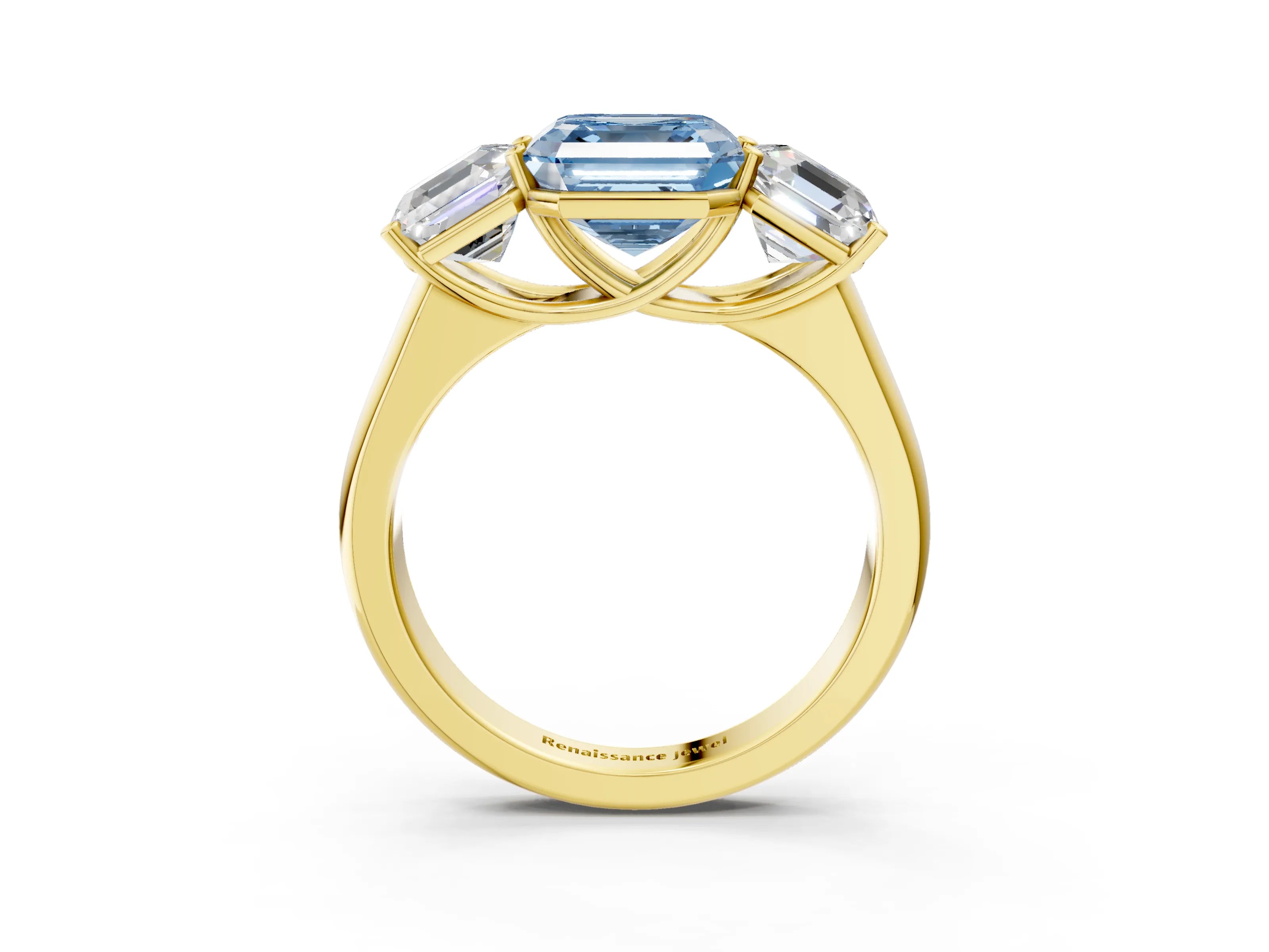 Yellow gold Fancy Blue Asscher Cut Three-Stone Diamond Ring with Prong Setting on a Classic Band_3
