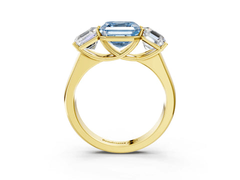 Yellow gold Fancy Blue Asscher Cut Three-Stone Diamond Ring with Prong Setting on a Classic Band_3