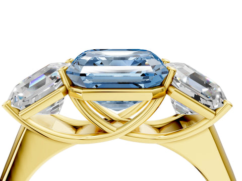 Yellow gold Fancy Blue Asscher Cut Three-Stone Diamond Ring with Prong Setting on a Classic Band_4