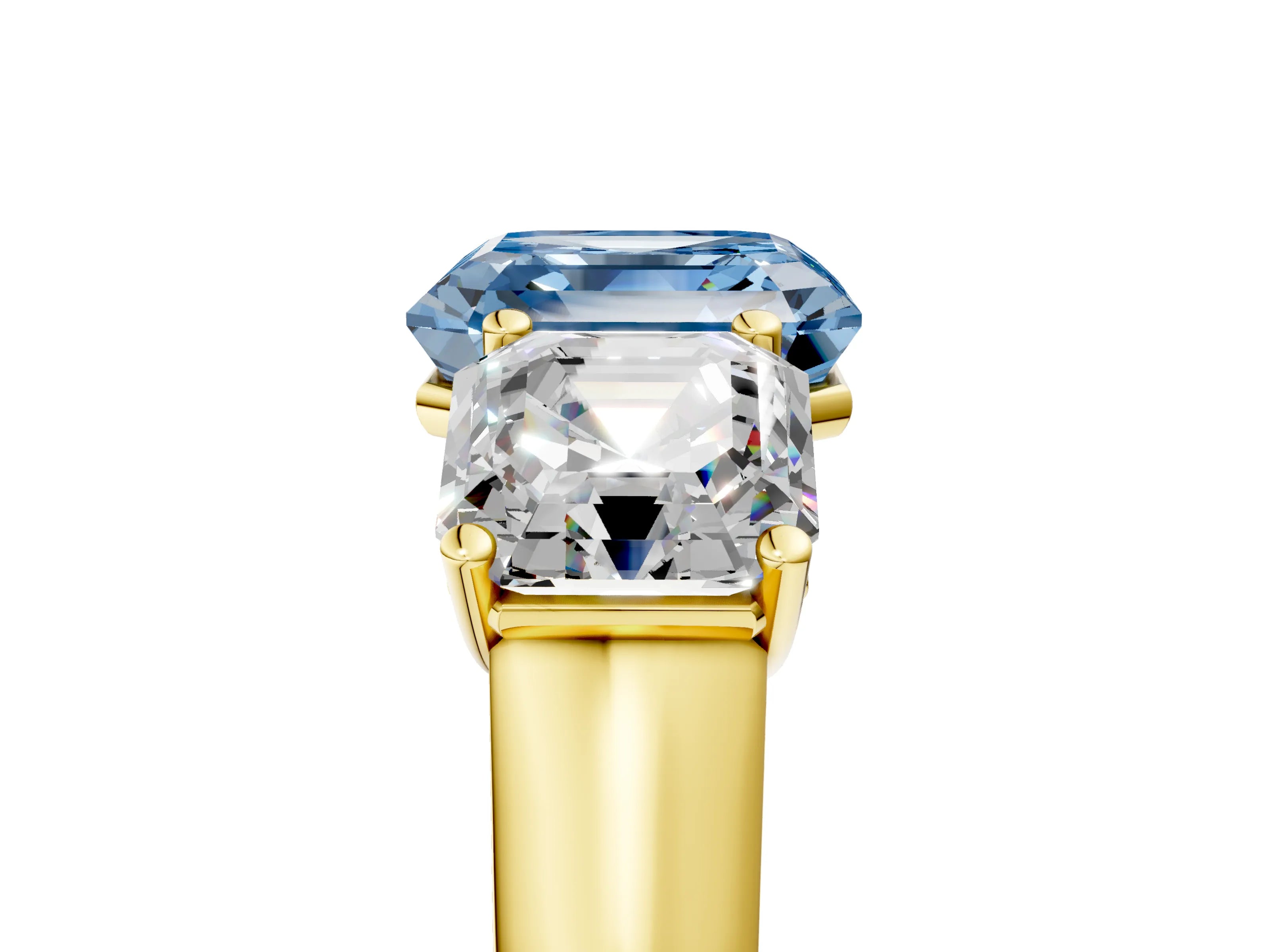 Yellow gold Fancy Blue Asscher Cut Three-Stone Diamond Ring with Prong Setting on a Classic Band_5