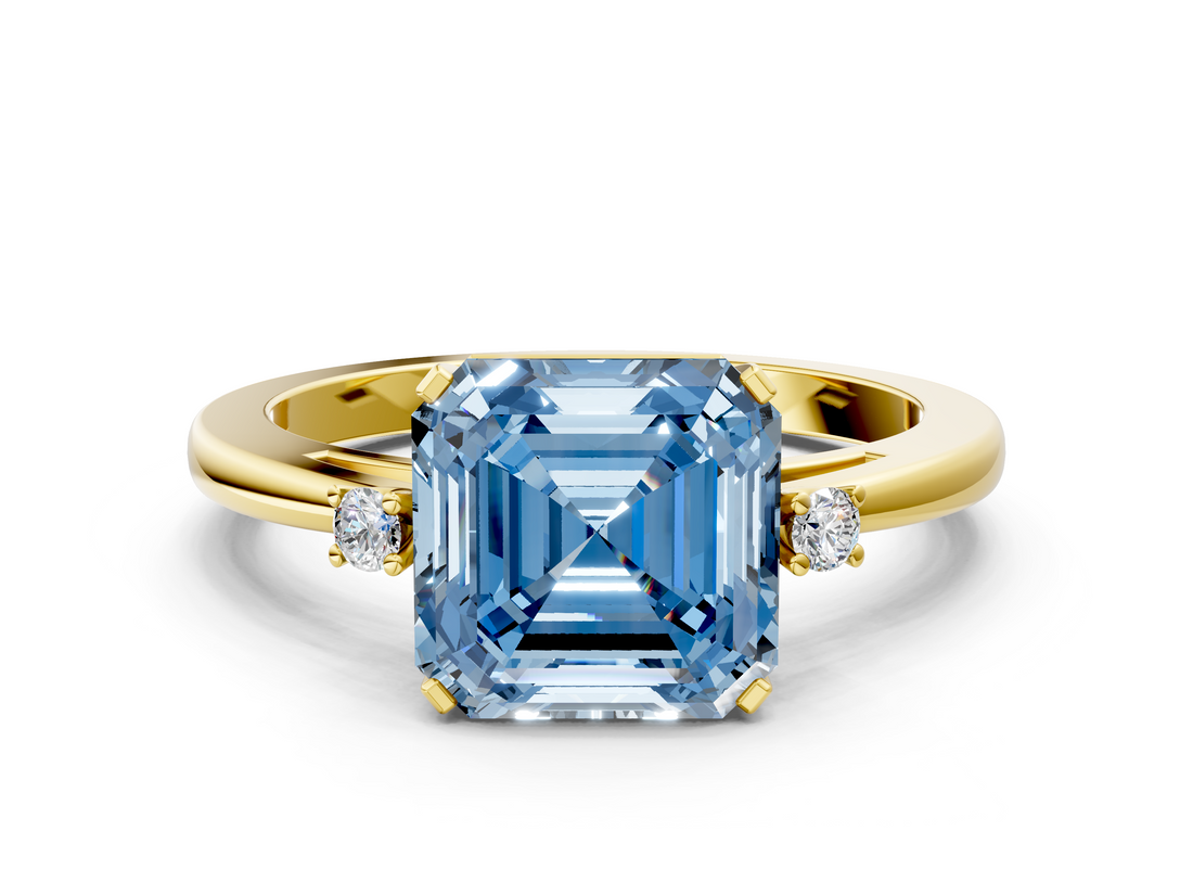 Yellow gold Fancy Blue Asscher  Cut Three-Stone Solitaire Ring with Round Accent Diamonds and Four-Prong Setting_37