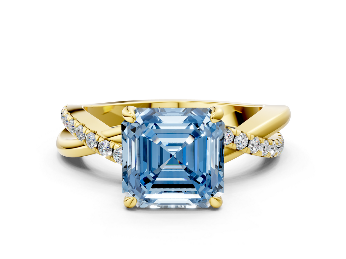 Yellow gold Fancy Blue Asscher  Cut Twist Band Solitaire Diamond Ring with Pavé Setting_3