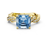 Yellow gold Fancy Blue Asscher  Cut Twisted Pavé Band Solitaire Ring with Four-Prong Setting