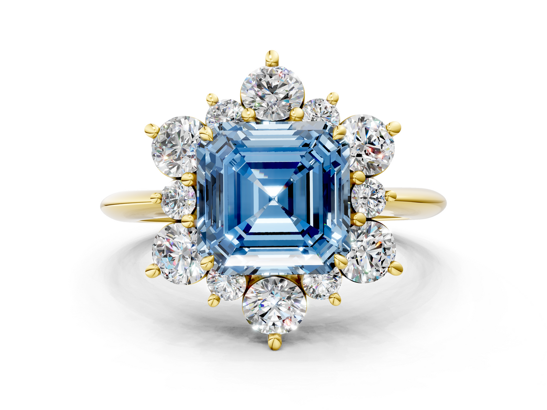 Yellow gold Fancy Blue Asscher  Diamond Cluster Halo Ring with Solitaire Band and Four-Prong Setting