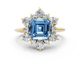 Yellow gold Fancy Blue Asscher  Diamond Cluster Halo Ring with Solitaire Band and Four-Prong Setting