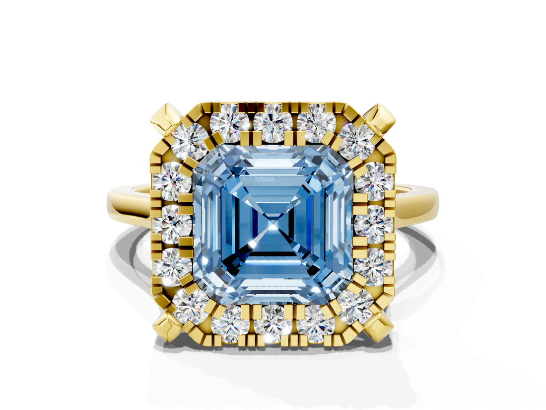 Yellow gold Fancy Blue Asscher  Diamond Cluster Halo Solitaire with Four-Prong Setting_146