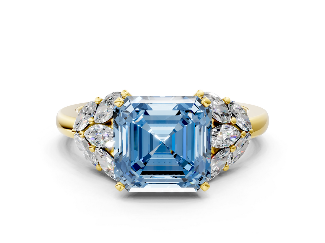 Yellow gold Fancy Blue Asscher  Diamond Cluster Leaf Design Ring with Prong Setting_18