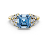 Yellow gold Fancy Blue Asscher  Diamond Cluster Leaf Design Ring with Prong Setting_18