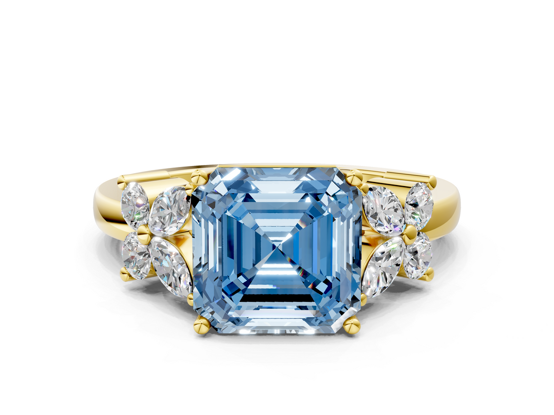 Yellow gold Fancy Blue Asscher  Diamond Floral Cluster Ring with Solitaire Band and Prong Setting