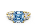 Yellow gold Fancy Blue Asscher  Diamond Floral Cluster Ring with Solitaire Band and Prong Setting