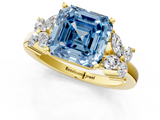 Yellow gold Fancy Blue Asscher  Diamond Floral Cluster Ring with Solitaire Band and Prong Setting_1