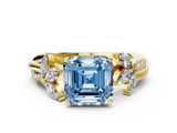 Yellow gold Fancy Blue Asscher  Diamond Floral Vine Solitaire Engagement Ring