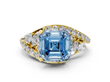 Yellow gold Fancy Blue Asscher  Diamond Halo Ring with Marquise and Pavé Band in Prong Setting_17