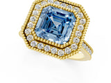 Yellow gold Fancy Blue Asscher  Diamond Halo Ring with Milgrain Frame and Pavé Band 1