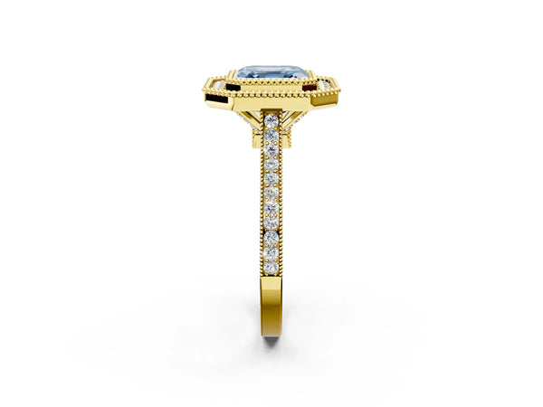 Yellow gold Fancy Blue Asscher  Diamond Halo Ring with Milgrain Frame and Pavé Band
