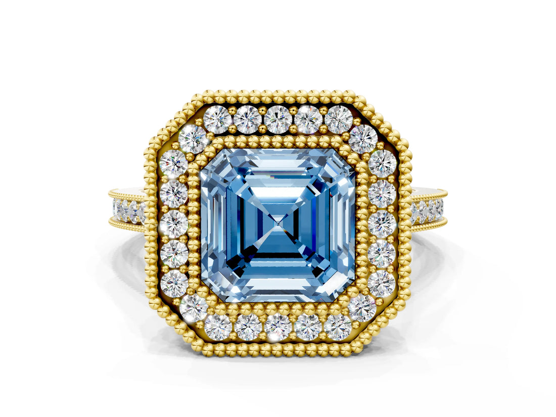 Yellow gold Fancy Blue Asscher  Diamond Halo Ring with Milgrain Frame and Pavé Band