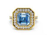Yellow gold Fancy Blue Asscher  Diamond Halo Ring with Milgrain Frame and Pavé Band