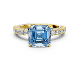 Yellow gold Fancy Blue Asscher  Diamond Pavé Band Solitaire Ring with Four-Prong Setting