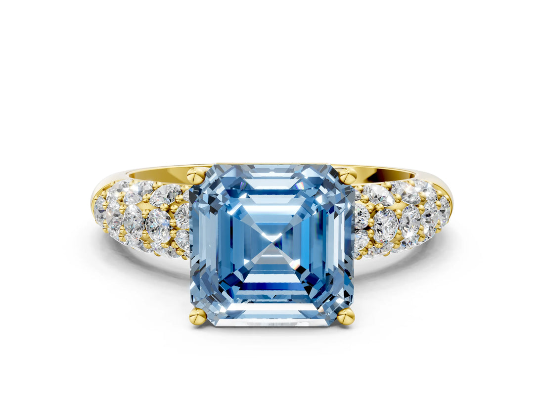 Yellow gold Fancy Blue Asscher  Diamond Pavé Band Solitaire Ring with Four-Prong Setting_45