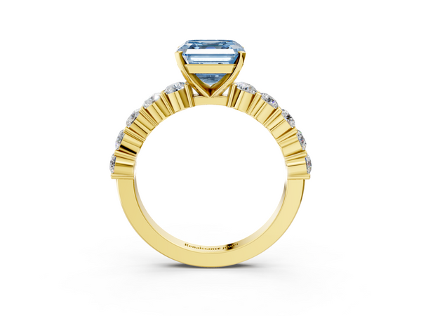 Yellow Gold Asscher Cut Engagement Ring Setting for Fancy Blue Center with Shared Prong Side Stones