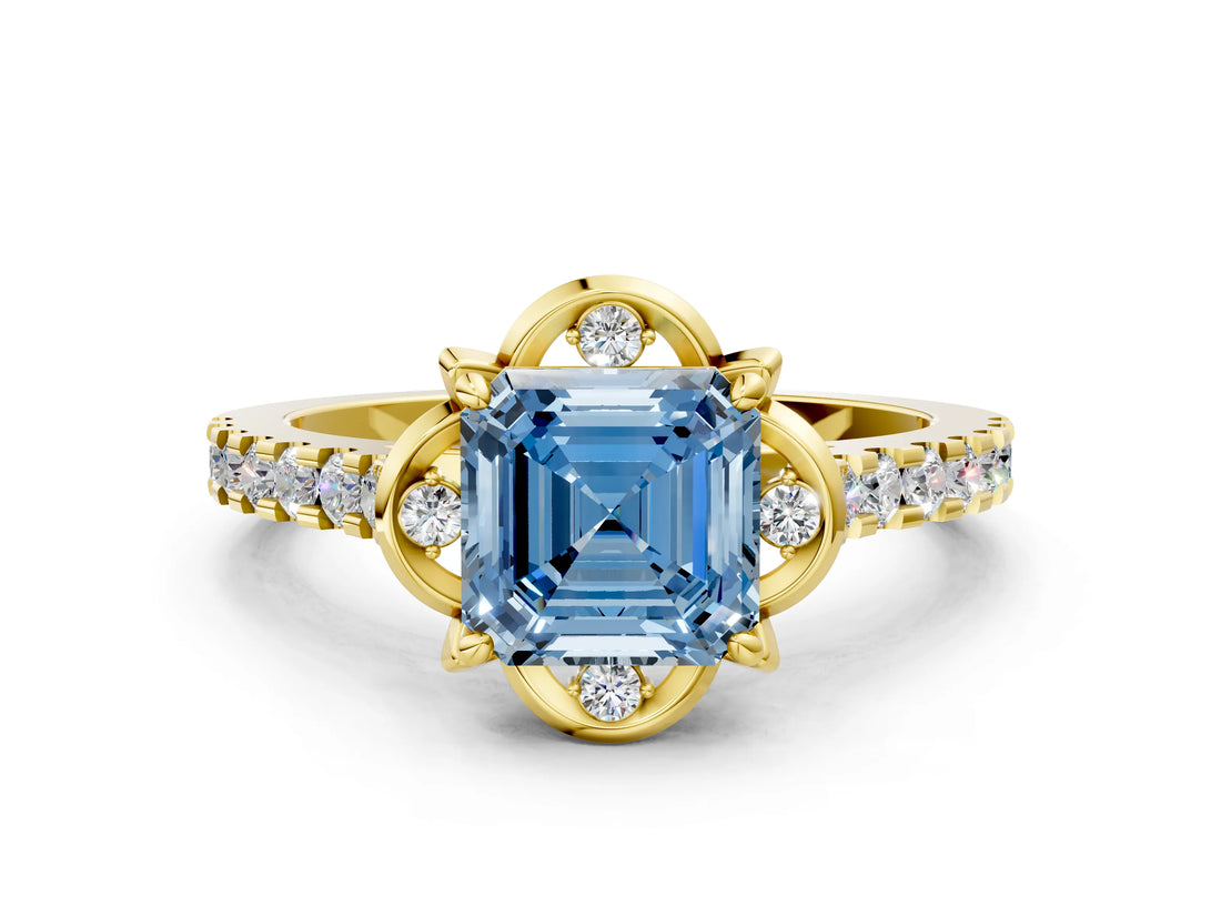 Yellow gold Fancy Blue Asscher  Diamond Pave Band with Floral Prong Setting_27