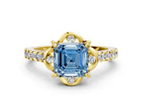Yellow gold Fancy Blue Asscher  Diamond Pave Band with Floral Prong Setting_27