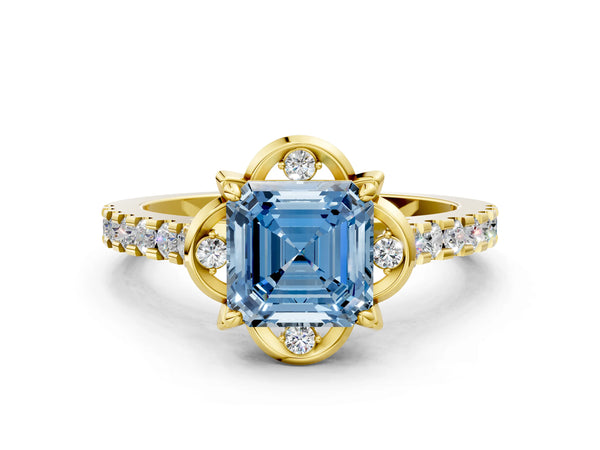 Yellow Gold Asscher Cut Floral Petal Pave Engagement Ring Setting for Fancy Blue Center