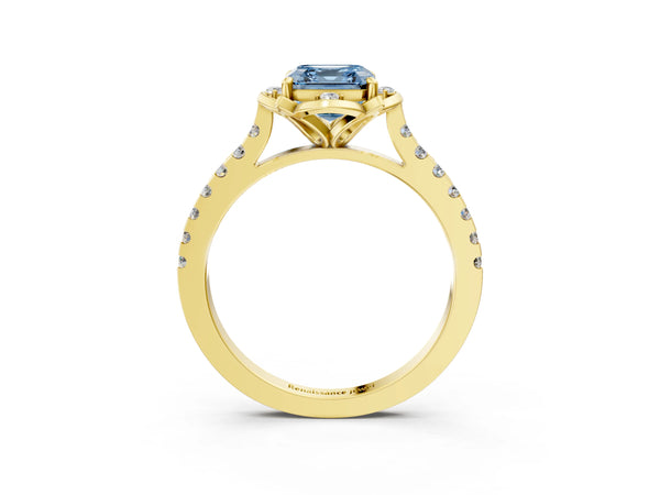 Yellow Gold Asscher Cut Floral Petal Pave Engagement Ring Setting for Fancy Blue Center