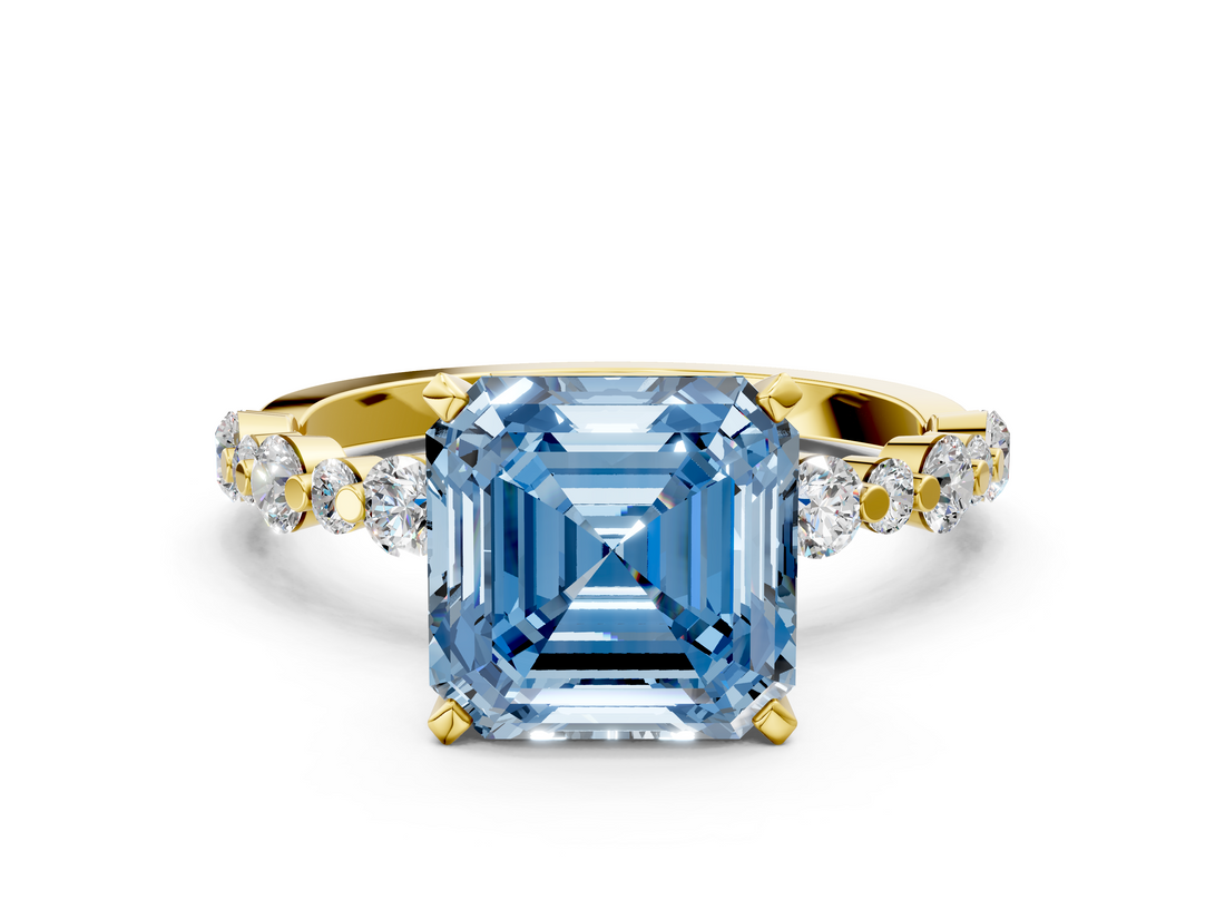 Yellow gold Fancy Blue Asscher  Diamond Prong Set Engagement Ring with Pave Band_17